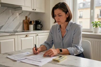 Femme consultant un carnet de chèques CESU et des documents administratifs à une table de cuisine moderne