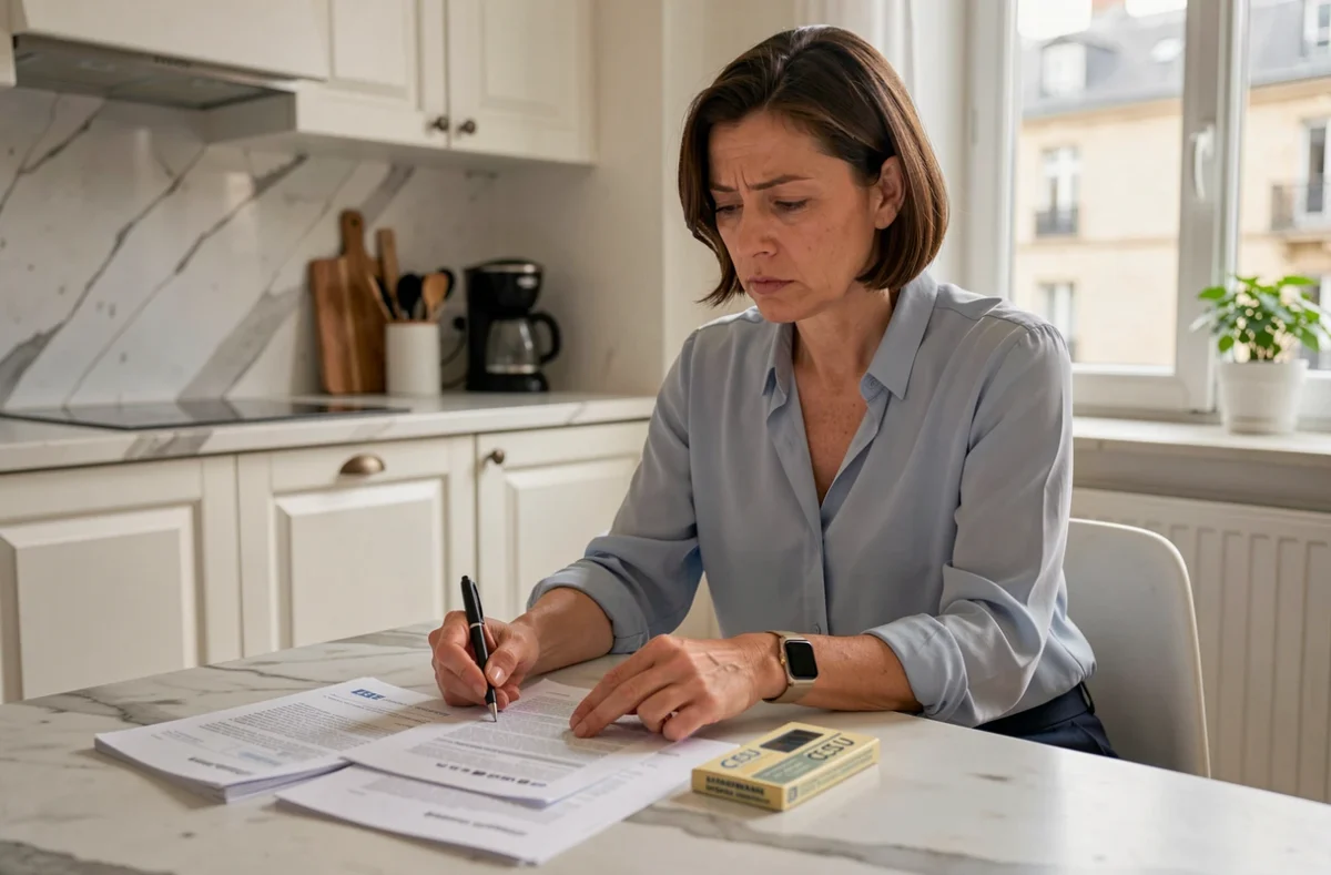 Femme consultant un carnet de chèques CESU et des documents administratifs à une table de cuisine moderne