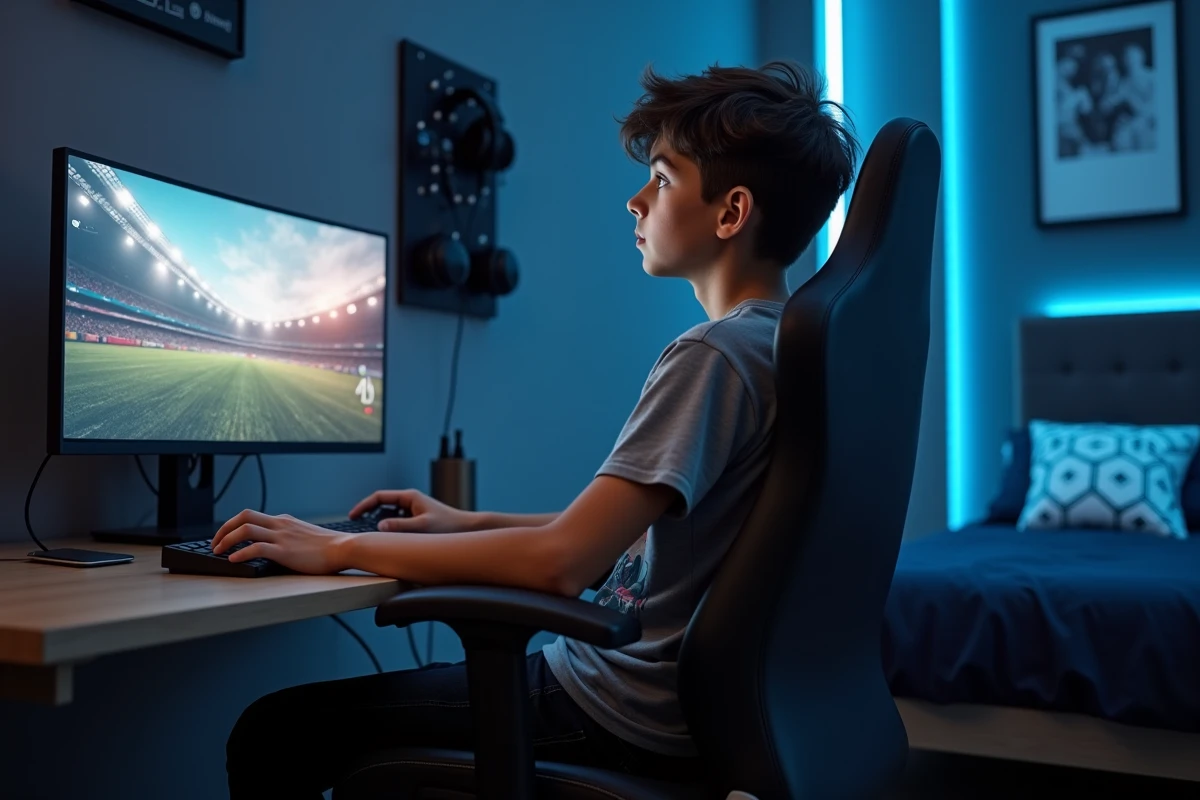 Chambre d'adolescent de 15 ans aux murs gris anthracite et accents bleu électrique, avec setup gaming et décoration moderne