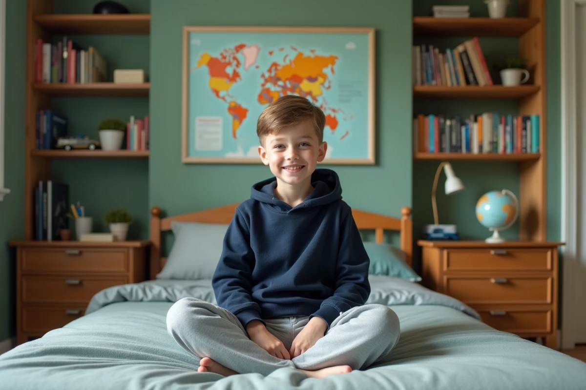 Chambre de garçon de 8 ans aux murs vert sauge avec étagères de livres et voitures miniatures, ambiance calme et organisée