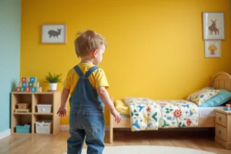 Chambre de garçon en bas âge décorée de couleurs jaune soleil et bleu ciel, avec un enfant de 4 ans jouant avec des cubes en bois colorés