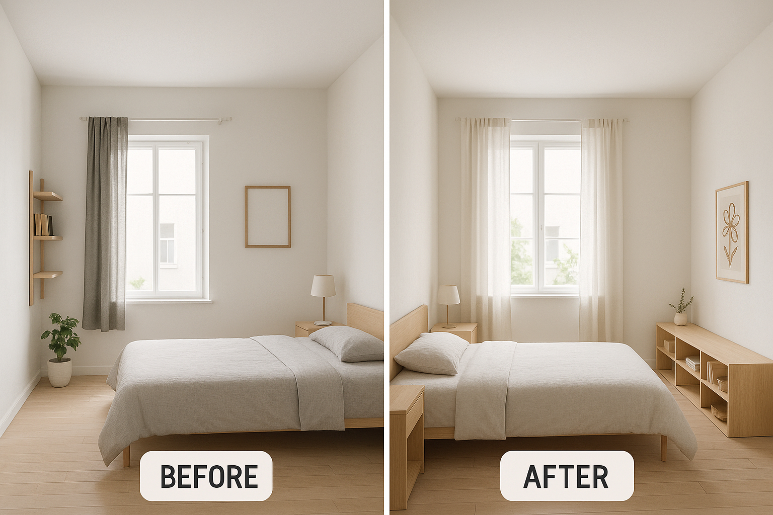 Chambre moderne avant après avec décoration économique