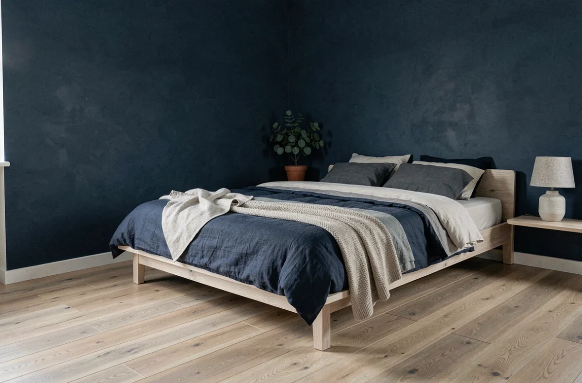 Chambre scandinave aux murs bleu nuit mat avec literie en lin superposée et parquet chêne clair, décoration minimaliste 2026