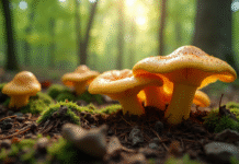 Champignons chanterelles dans la forêt humide avec mycelium