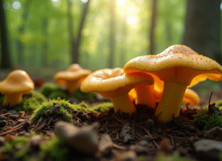 Champignons chanterelles dans la forêt humide avec mycelium