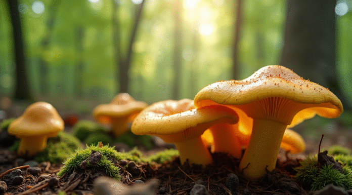 Champignons chanterelles dans la forêt humide avec mycelium