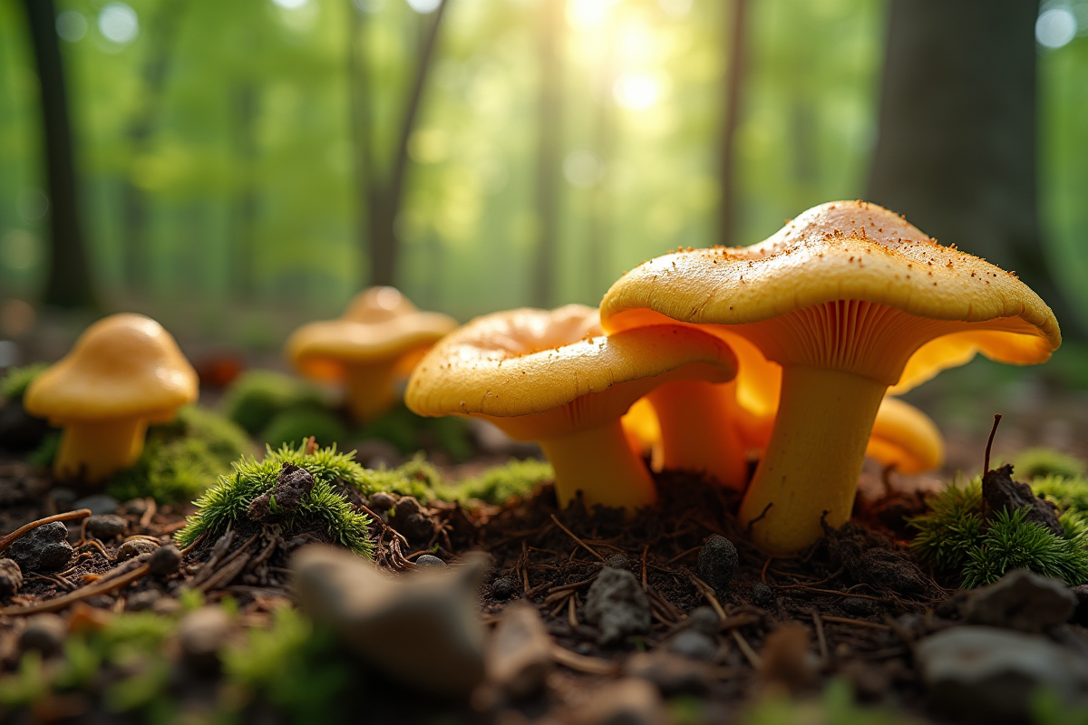 Champignons chanterelles dans la forêt humide avec mycelium
