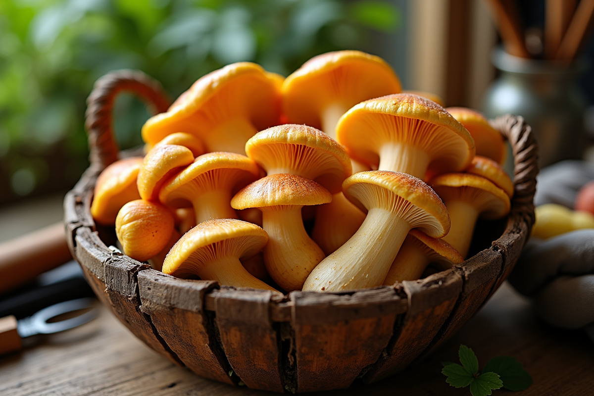 Chanterelles fraîches dans un panier en bois sur une table de jardin