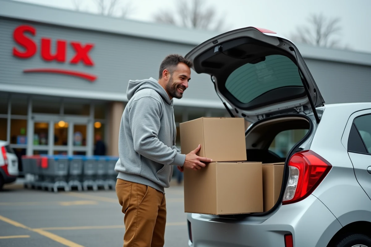 Homme chargeant des cartons gratuits récupérés dans un supermarché dans son coffre de voiture