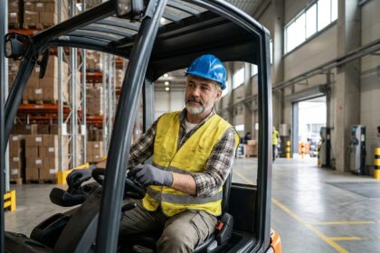 Opérateur masculin conduisant un chariot élévateur électrique dans un entrepôt industriel avec rayonnages métalliques