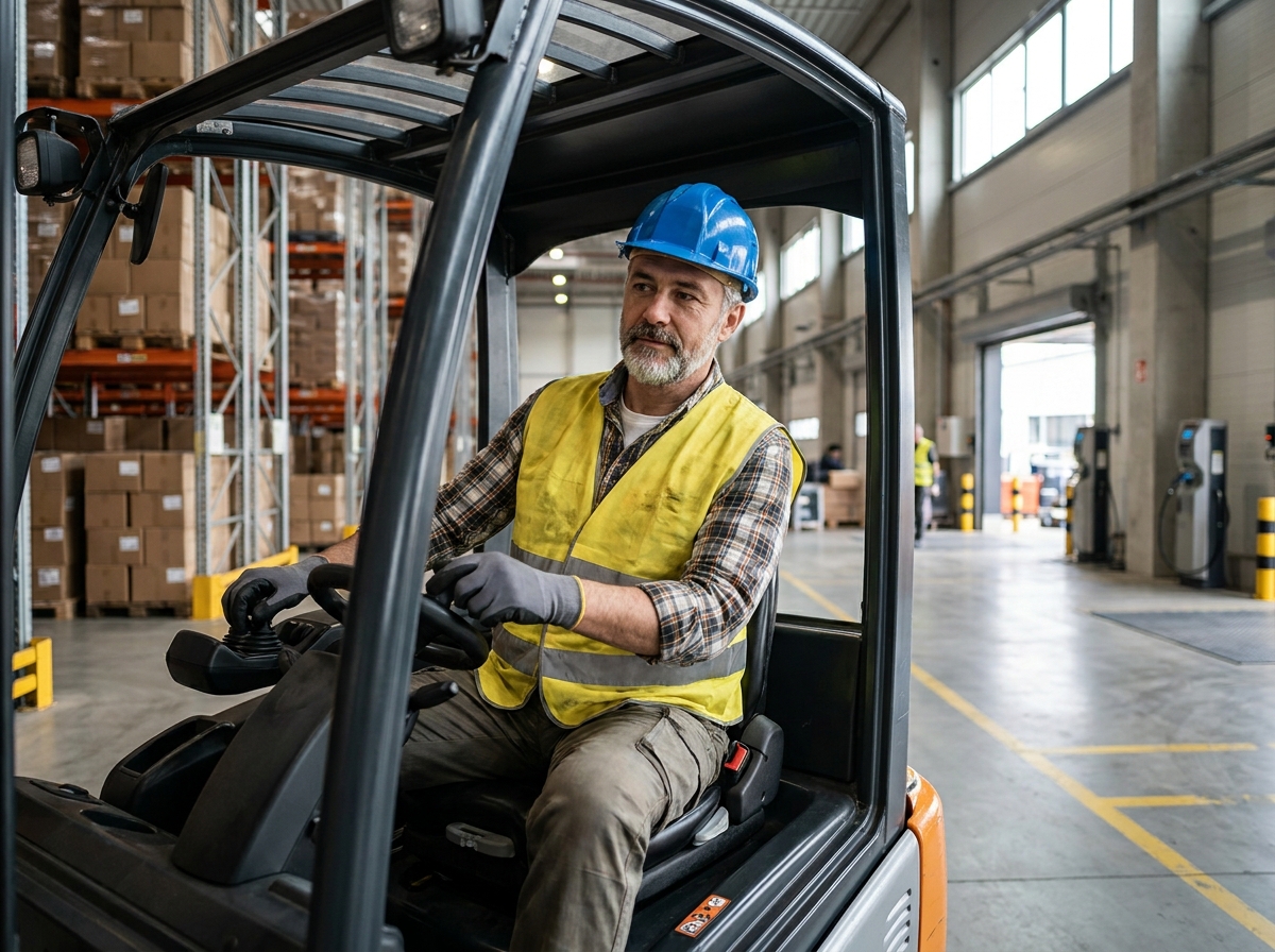 Opérateur masculin conduisant un chariot élévateur électrique dans un entrepôt industriel avec rayonnages métalliques