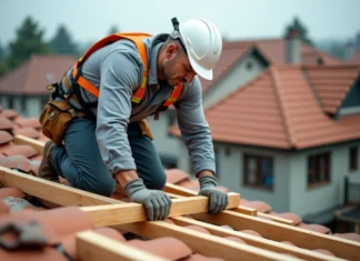 Charpentier pose des poutres en bois sur un toit en construction