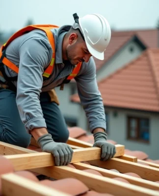 Charpentier pose des poutres en bois sur un toit en construction
