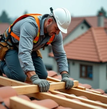 Charpentier pose des poutres en bois sur un toit en construction