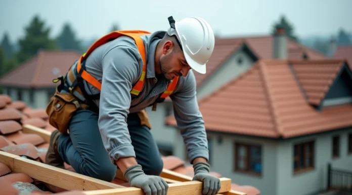 Charpentier pose des poutres en bois sur un toit en construction