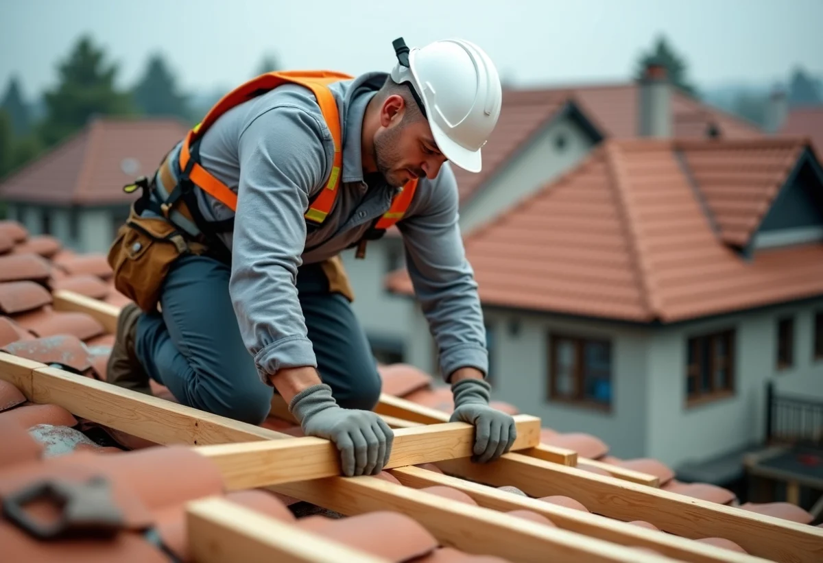 Charpentier pose des poutres en bois sur un toit en construction