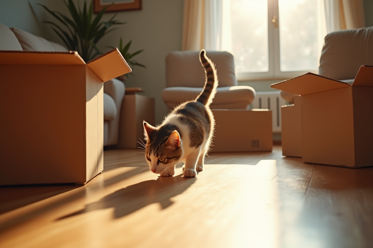 Chat curieux explorant un appartement cosy avec des cartons et meubles