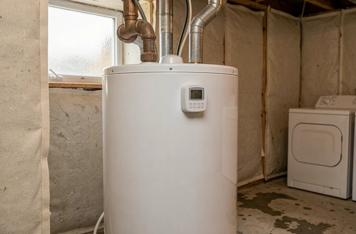 Chauffe-eau thermodynamique autonome installé dans une cave avec affichage de température numérique
