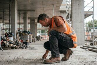 Ouvrier de chantier portant des chaussures de sécurité à embouts en acier sur un sol en béton brut