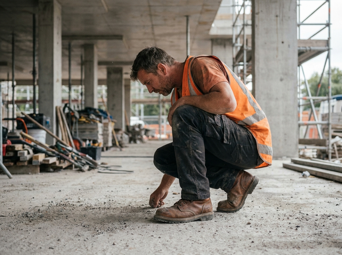 Ouvrier de chantier portant des chaussures de sécurité à embouts en acier sur un sol en béton brut