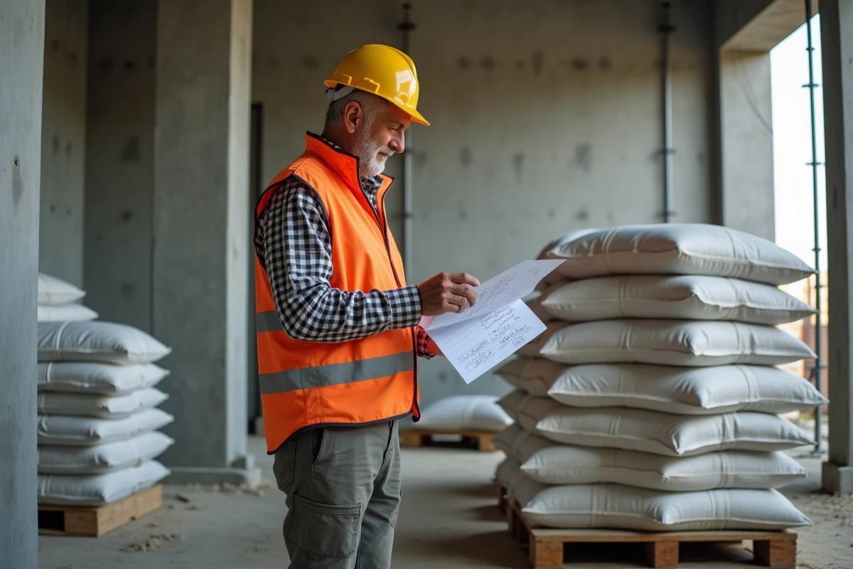 Chef de chantier calculant le nombre de sacs de ciment 25 kg nécessaires pour un gros œuvre