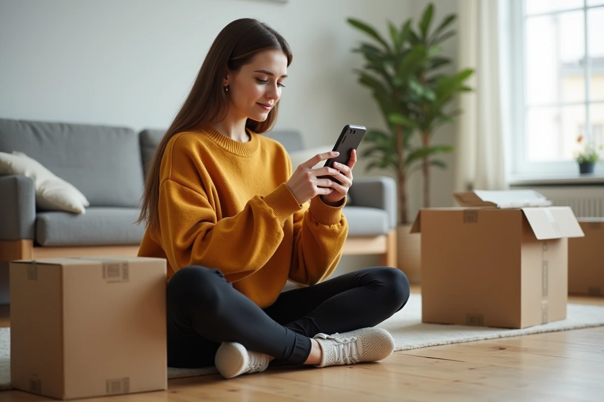 Jeune femme cherchant des cartons gratuits sur une application mobile depuis son appartement
