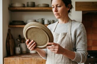 Femme inspectant une assiette en céramique épaisse dans une cuisine avec étagères en bois et vaisselle empilée