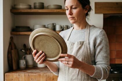 Femme inspectant une assiette en céramique épaisse dans une cuisine avec étagères en bois et vaisselle empilée