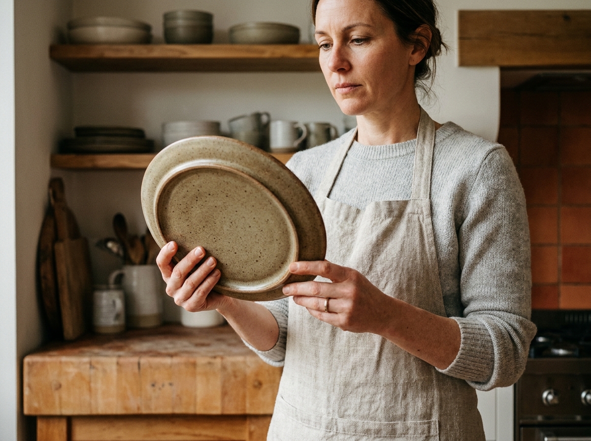 Femme inspectant une assiette en céramique épaisse dans une cuisine avec étagères en bois et vaisselle empilée