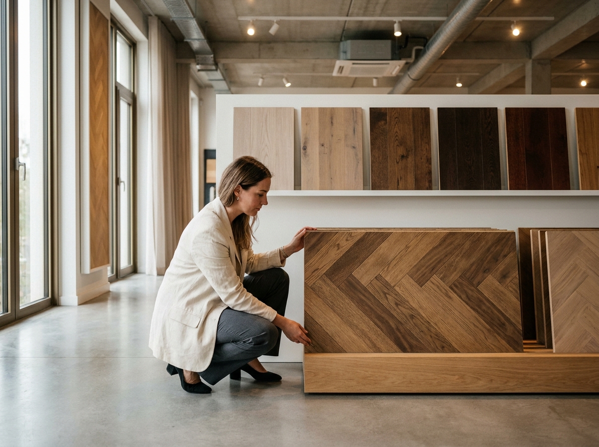 Femme choisissant un parquet en chevrons dans un showroom de revêtements de sol