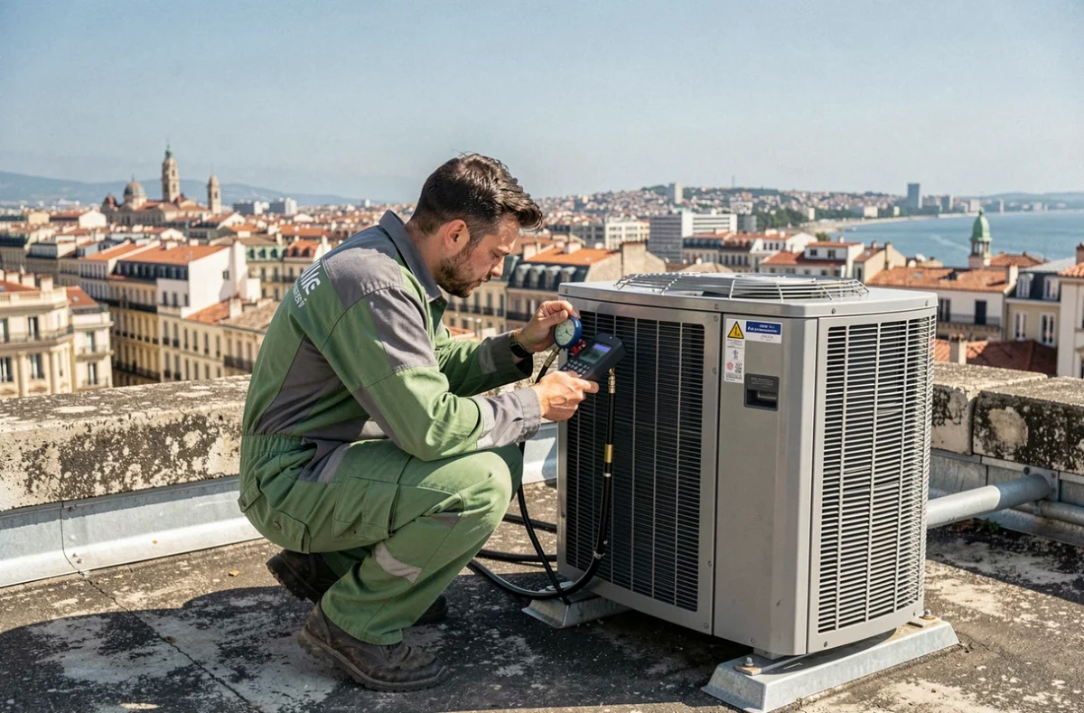 Technicien de Clim Var Services inspectant un compresseur de pompe à chaleur sur un toit-terrasse avec la skyline de Marseille en arrière-plan