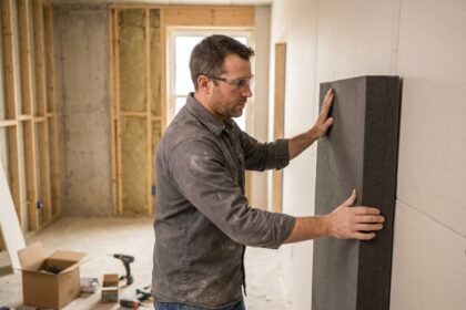 Artisan posant un panneau acoustique sur une cloison en plaque de plâtre pour réduire le bruit du voisinage dans un appartement