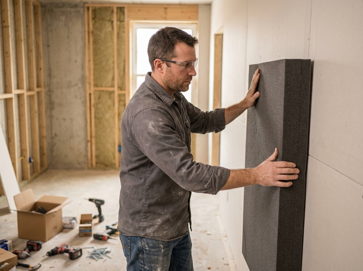 Artisan posant un panneau acoustique sur une cloison en plaque de plâtre pour réduire le bruit du voisinage dans un appartement