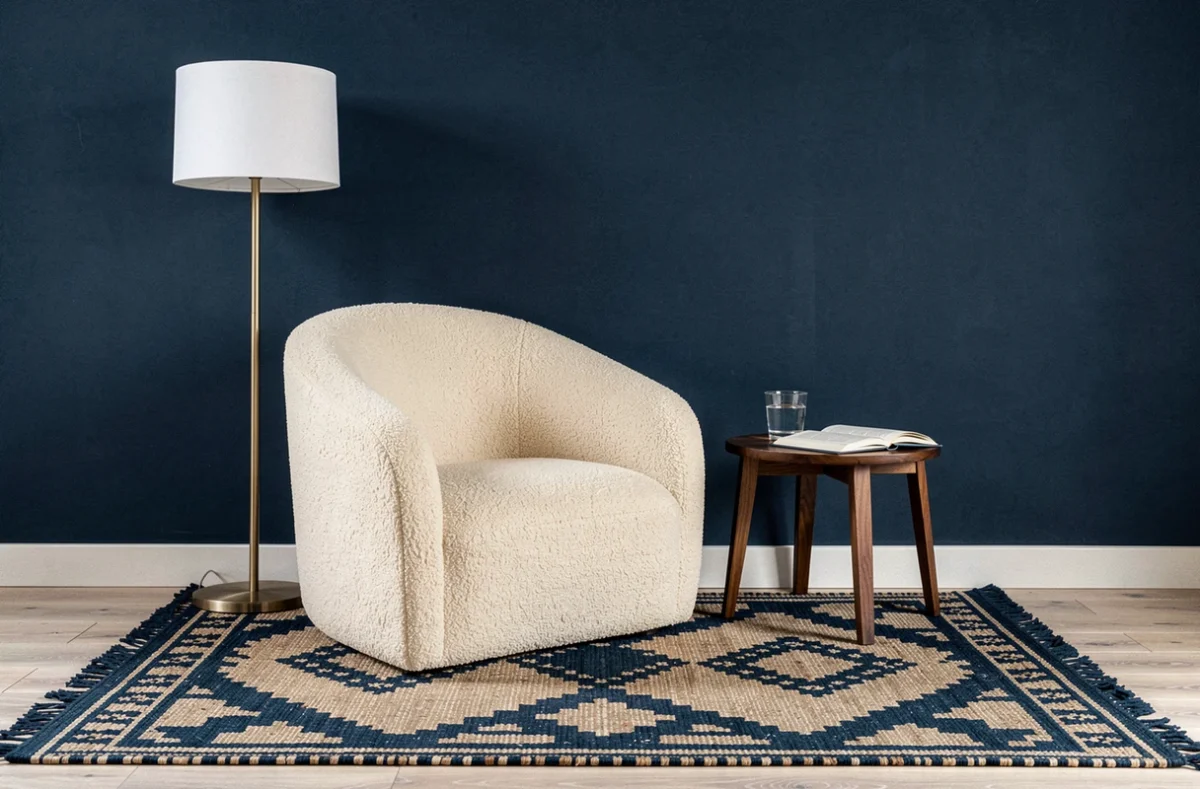 Coin lecture scandinave avec fauteuil bouclé crème, mur accent bleu nuit et tapis en laine géométrique