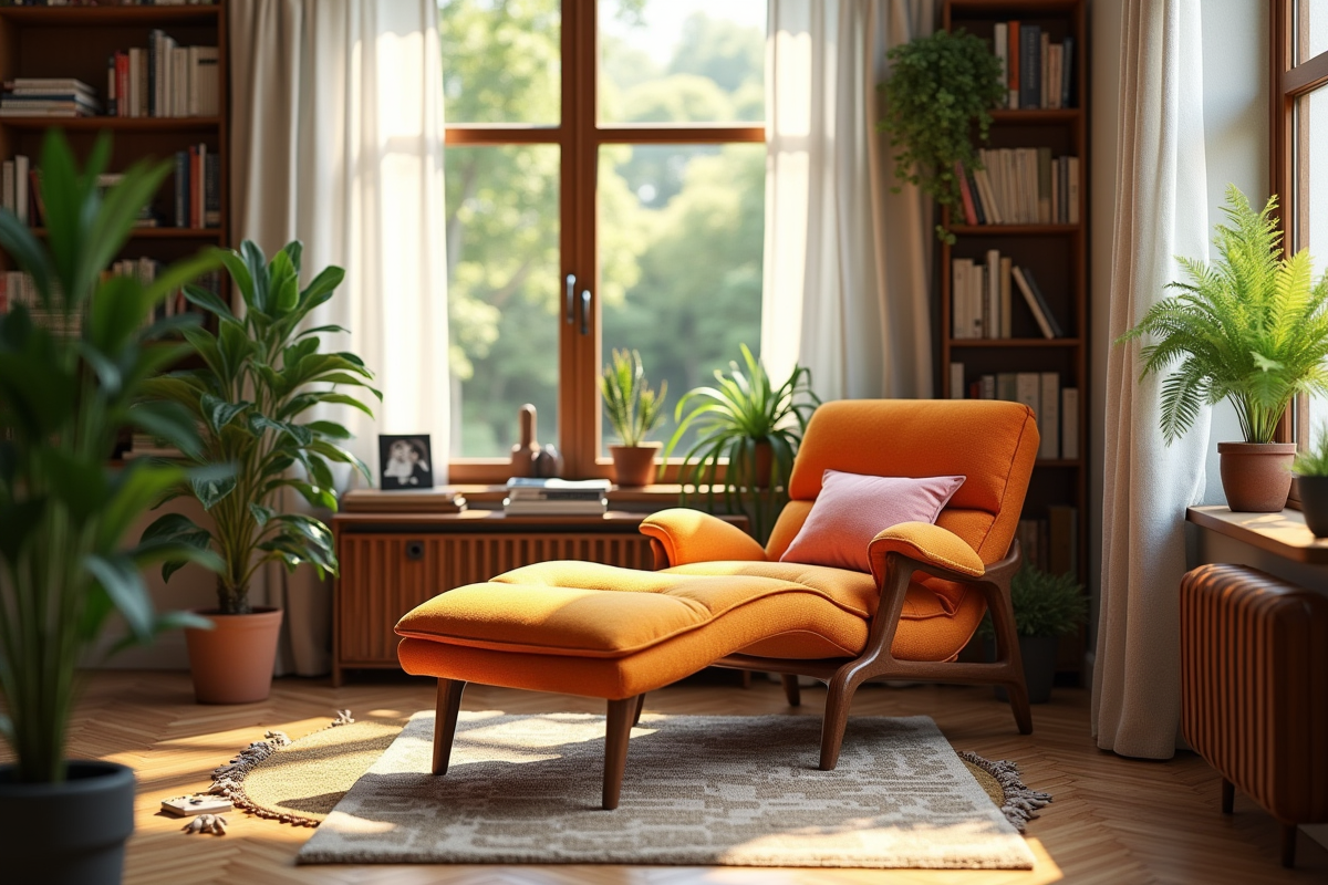 Coin lecture cosy avec fauteuil coloré et plantes vertes