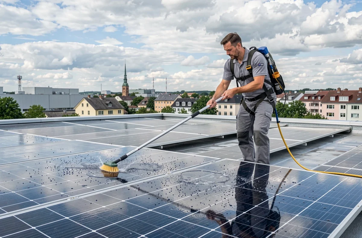 Technicien de Colmar Solar effectuant le nettoyage et la maintenance de panneaux photovoltaïques sur un toit commercial