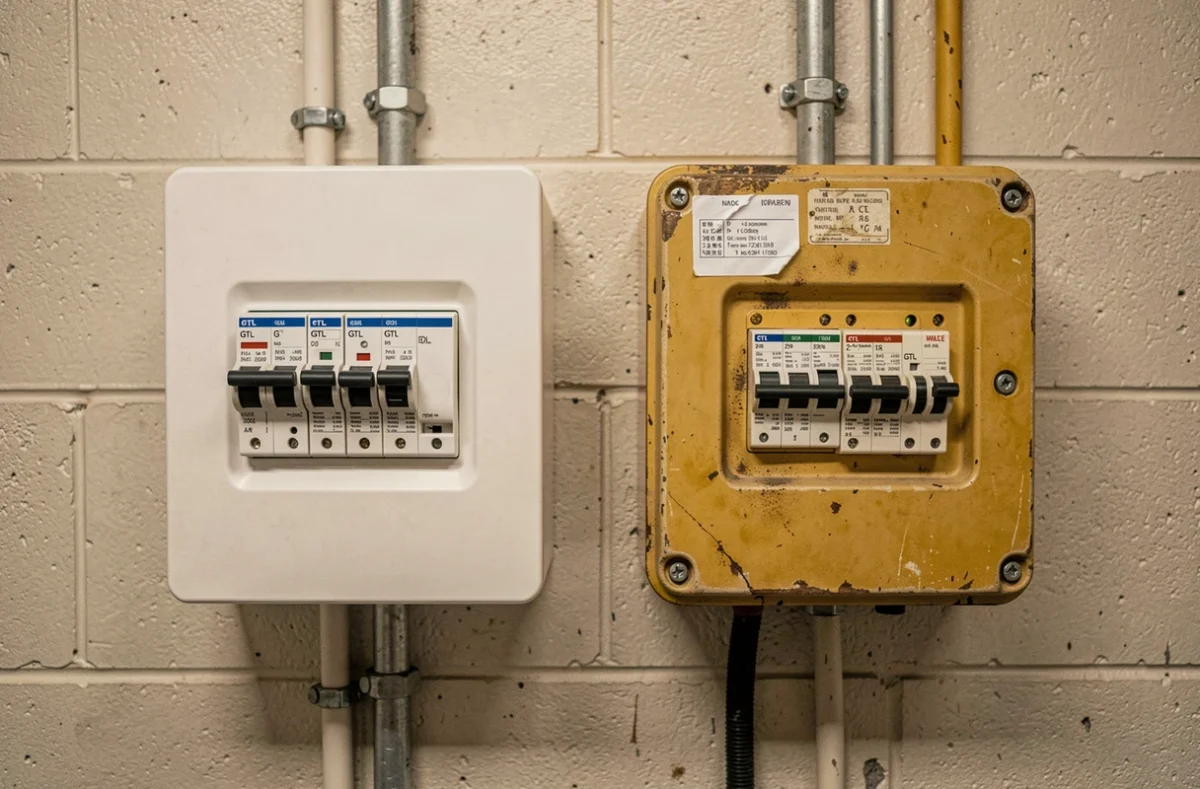 Comparaison entre un tableau GTL neuf conforme aux normes et un ancien tableau électrique obsolète à rénover