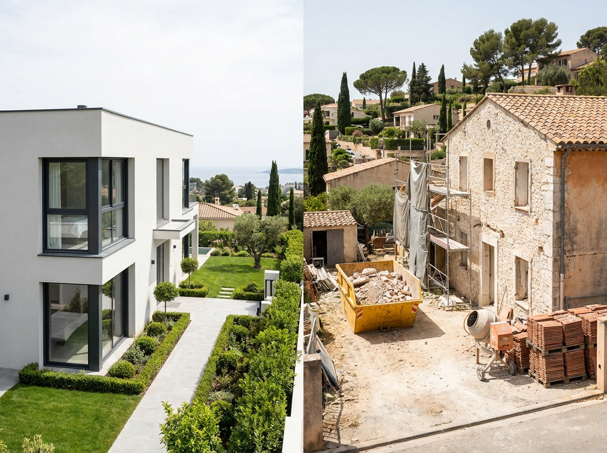 Comparaison entre une villa neuve moderne et une maison ancienne en rénovation dans une rue résidentielle de Cannes