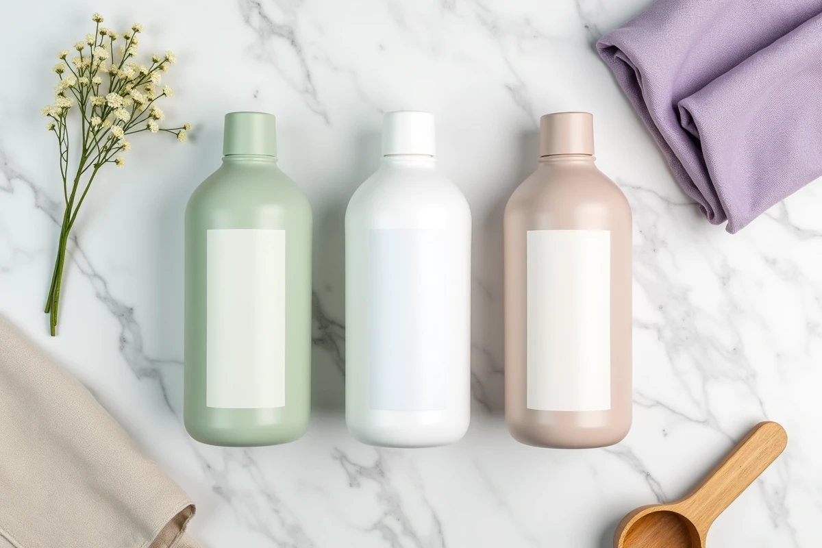 Comparatif de flacons de lessive liquide hypoallergénique pour peaux sensibles posés sur marbre blanc