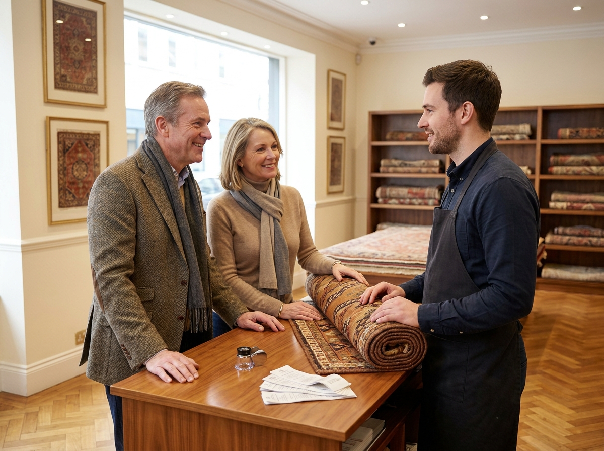 Couple consultant un spécialiste en pressing pour le nettoyage d'un kilim dans la réception d'une boutique professionnelle de soin de tapis