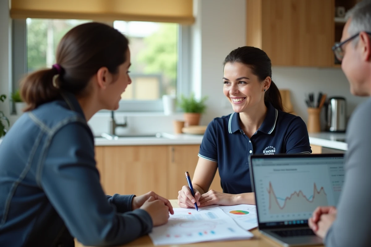 Conseillère en rénovation énergétique expliquant les économies réalisées à un couple de clients