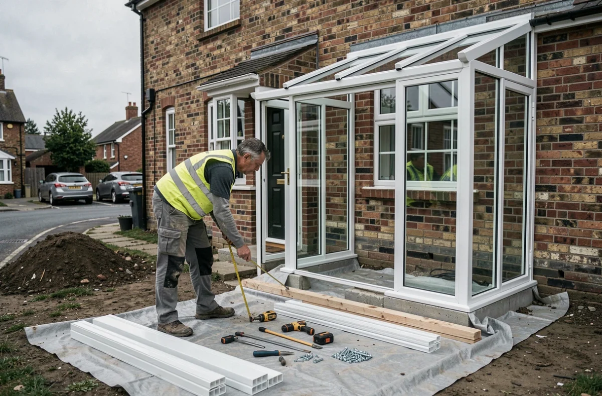 Chantier de construction d'une véranda en PVC blanc sur maison en brique avec artisan mesurant les fondations