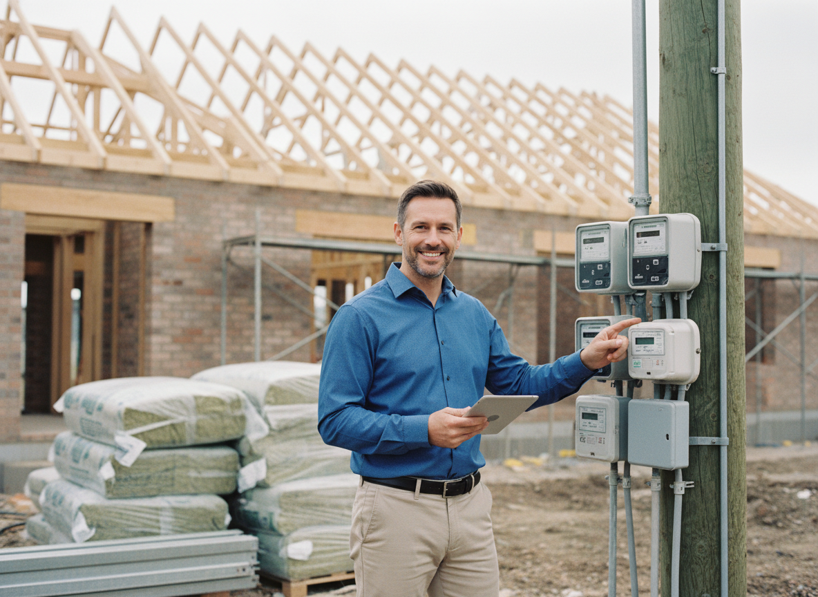 Homme énergéticien montrant compteur électrique sur chantier