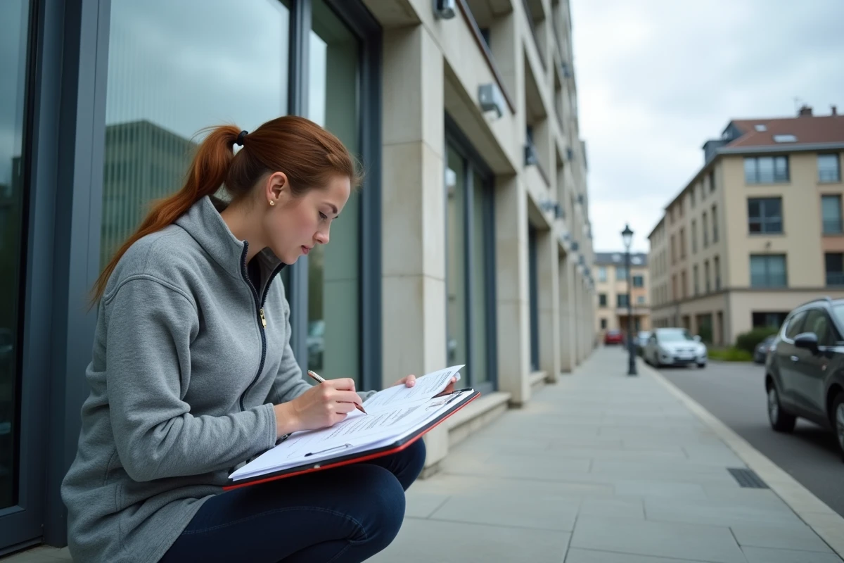 Consultante en bilan énergétique inspectant l'isolation d'un immeuble d'appartements en zone urbaine