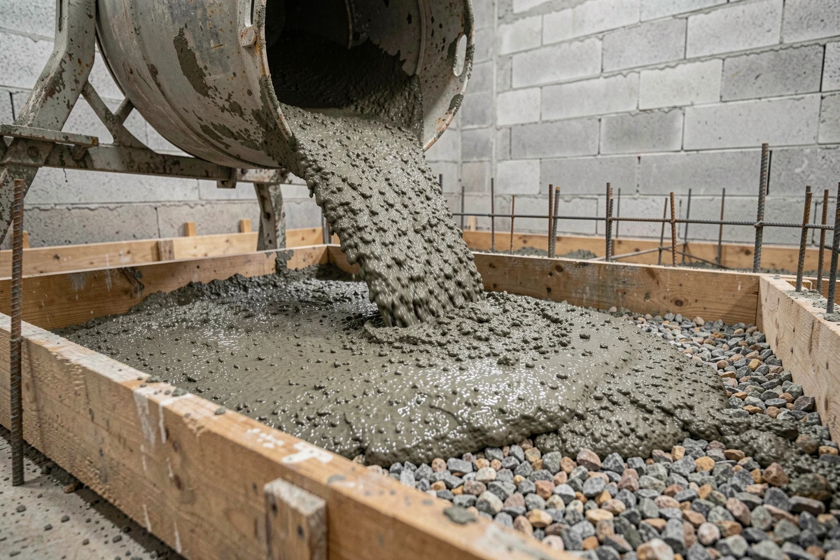Coulage de chape maigre au béton frais sur une couche de gravier, vue au sol d'un chantier intérieur avec coffrage en bois