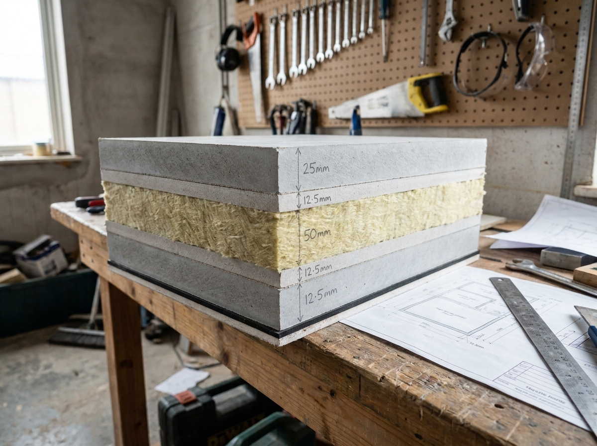 Coupe transversale d'une cloison acoustique double peau montrant laine minérale et plaques de plâtre haute densité pour isolation phonique