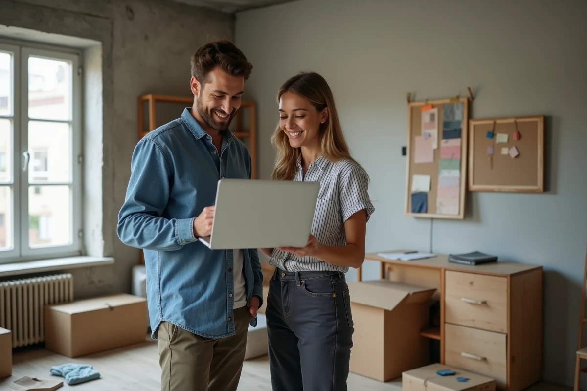 Couple consultant un outil de budget décoration sur laptop dans un appartement en cours d'aménagement avec mood board mural