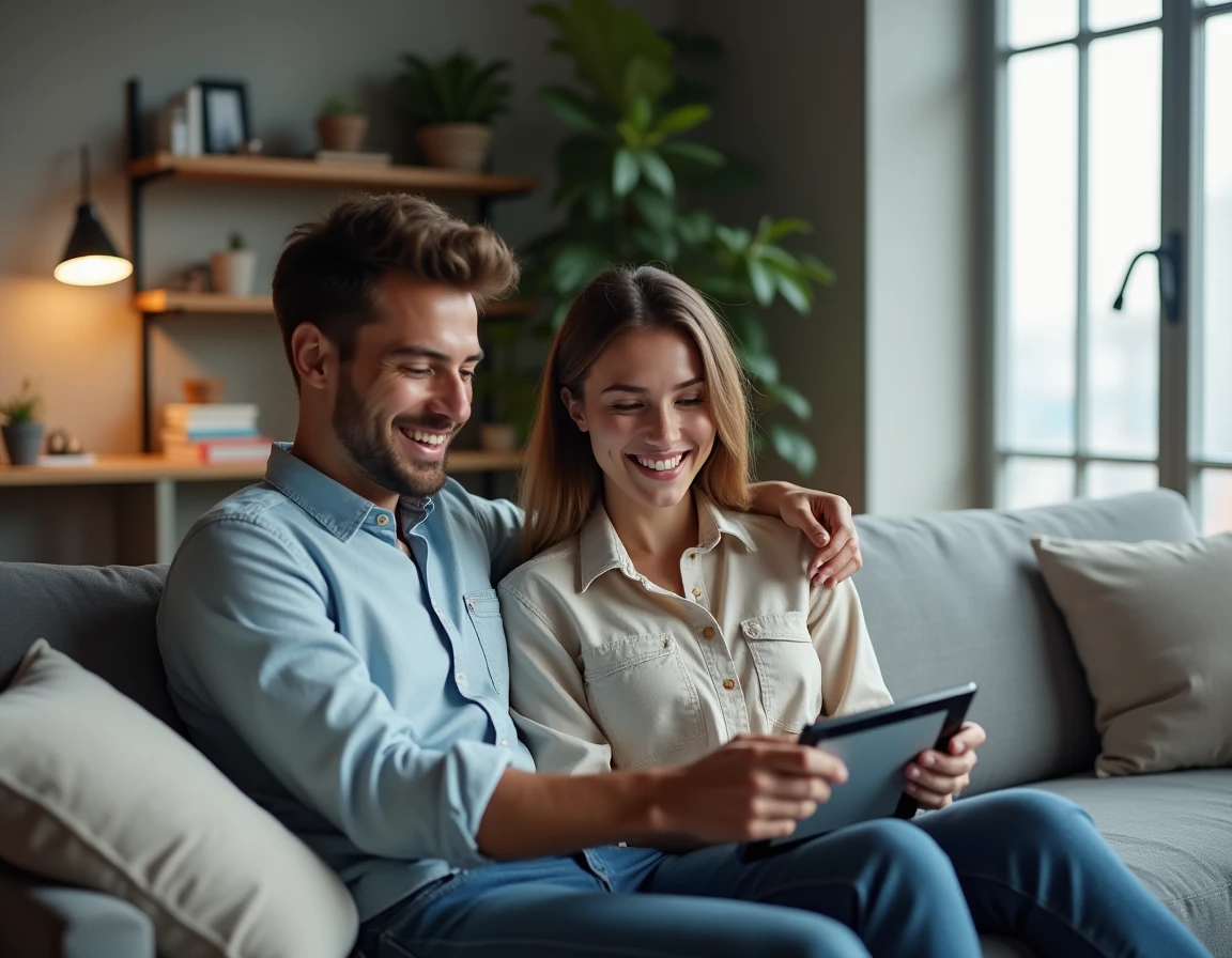 Jeune couple feuilletant un cadre photo connecté ensemble sur un canapé dans un appartement contemporain urbain