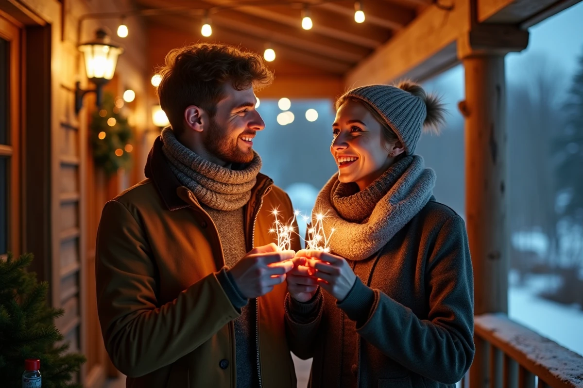 Couple comparant guirlandes blanc chaud et multicolores pour décoration de Noël extérieure