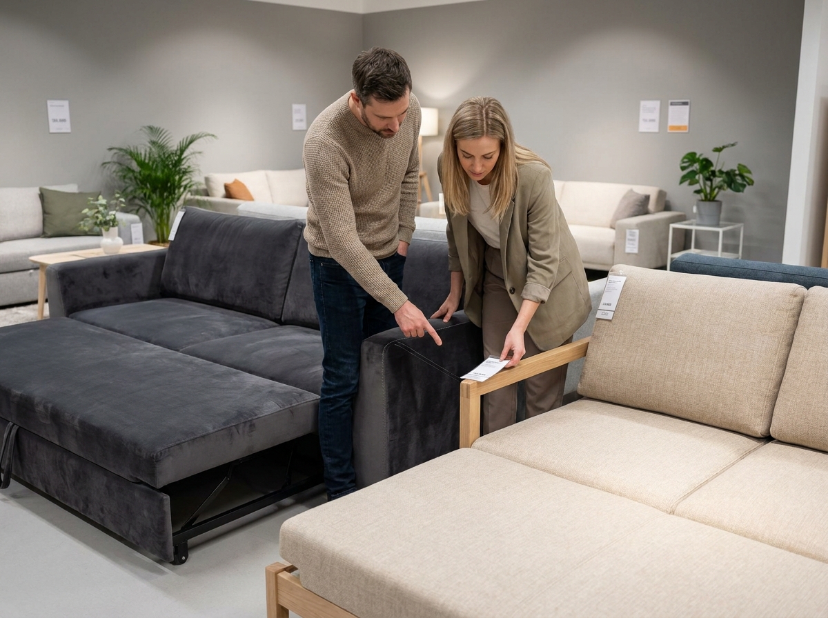 Couple comparant deux canapés convertibles dans un showroom de meubles, analysant les tissus et les étiquettes produits